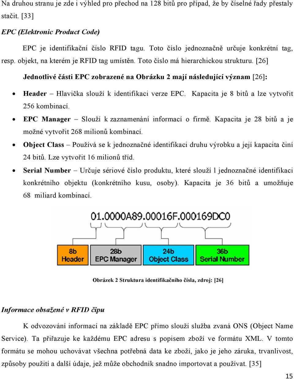 [26] Jednotlivé části EPC zobrazené na Obrázku 2 mají následující význam [26]: Header Hlavička slouží k identifikaci verze EPC. Kapacita je 8 bitů a lze vytvořit 256 kombinací.