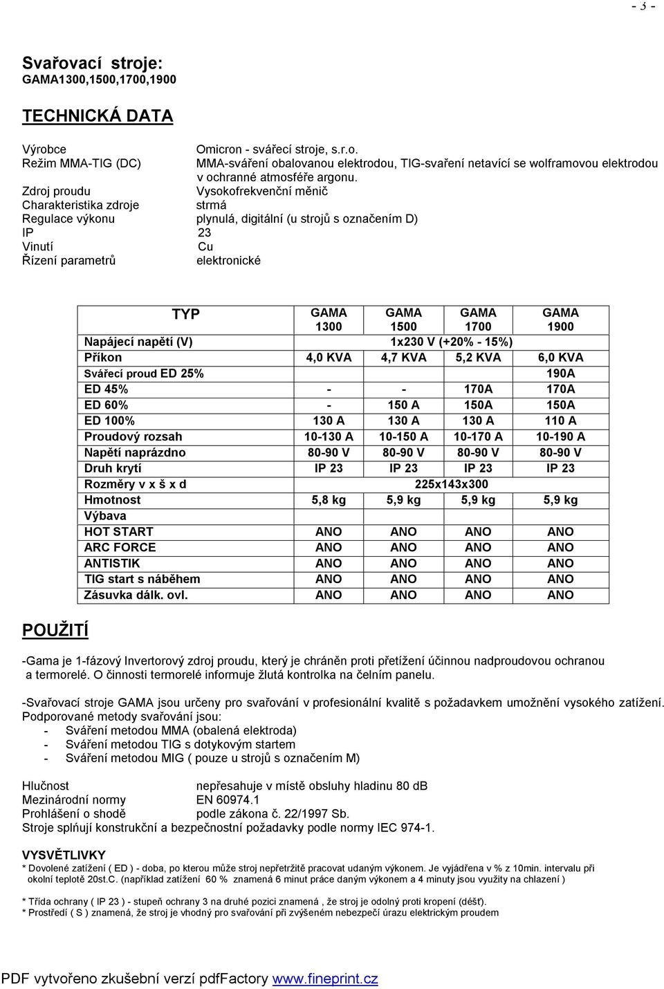 1900 Napájecí napětí (V) 1x230 V (+20% - 15%) Příkon 4,0 KVA 4,7 KVA 5,2 KVA 6,0 KVA Svářecí proud ED 25% 190A ED 45% - - 170A 170A ED 60% - 150 A 150A 150A ED 100% 130 A 130 A 130 A 110 A Proudový