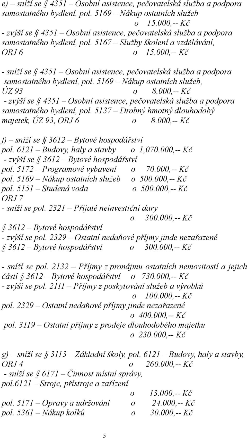 000,-- Kč - sníží se 4351 Osobní asistence, pečovatelská služba a podpora samostatného bydlení, pol. 5169 Nákup ostatních služeb, ÚZ 93 o 8.