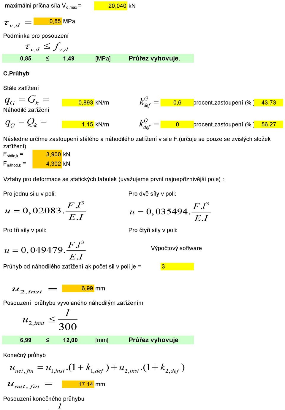 (rčje se poze se zvisých sože zaťížení) F stáe,,900 N F náho, 4,0 N Vztah pro eormace se staticých tabe (važjeme první najnepříznivější poe) : Pro jen si v poi: F. 0,008. E.