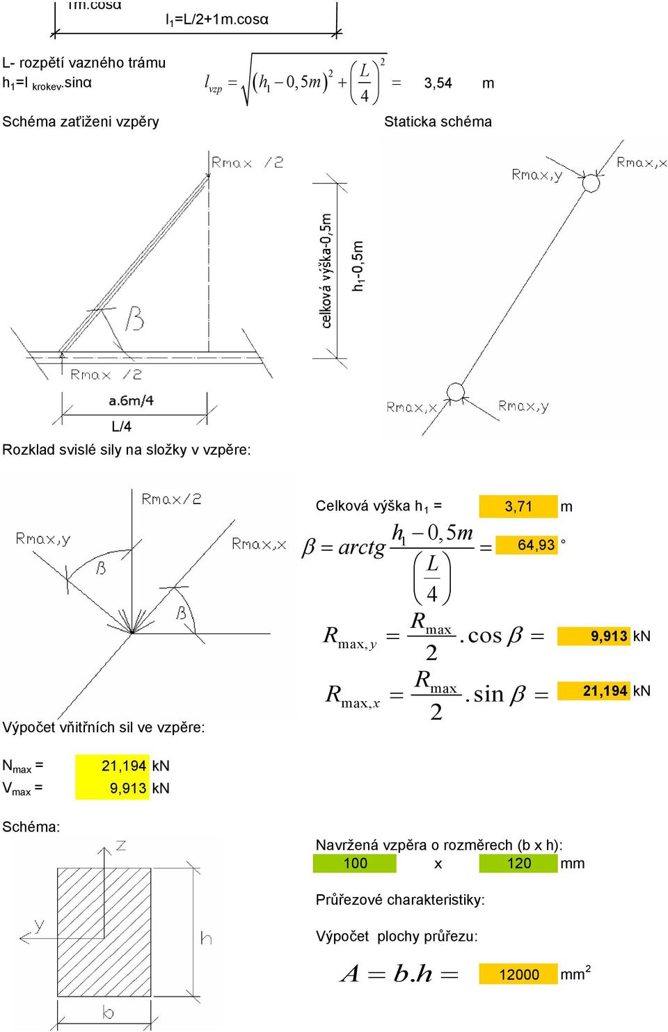 vzpěre: Výpočet vňitřních si ve vzpěre: Ceová výša h 1,71 m h1 0,5m β arctg L 4 Rmax Rmax,.cosβ Rmax Rmax, x.
