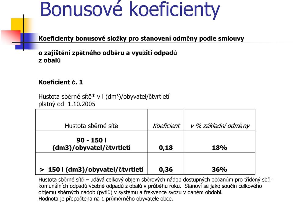 2005 Hustota sběrné sítě Koeficient v % základní odměny 90-150 l (dm3)/obyvatel/čtvrtletí 0,18 18% > 150 l (dm3)/obyvatel/čtvrtletí 0,36 36% Hustota sběrné sítě udává