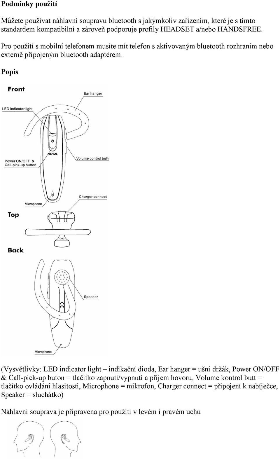 Popis (Vysvětlivky: LED indicator light indikační dioda, Ear hanger = ušní držák, Power ON/OFF & Call-pick-up buton = tlačítko zapnutí/vypnutí a příjem hovoru, Volume