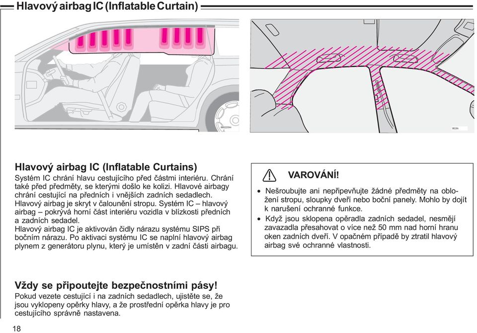 Systém IC hlavový airbag pokrývá horní èást interiéru vozidla v blízkosti pøedních a zadních sedadel. Hlavový airbag IC je aktivován èidly nárazu systému SIPS pøi boèním nárazu.