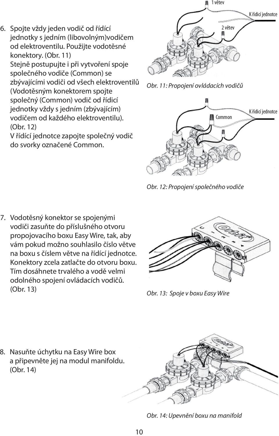 jedním (zbývajícím) vodičem od každého elektroventilu). (Obr. 12) V řídící jednotce zapojte společný vodič do svorky označené Common. 2 větev Obr.