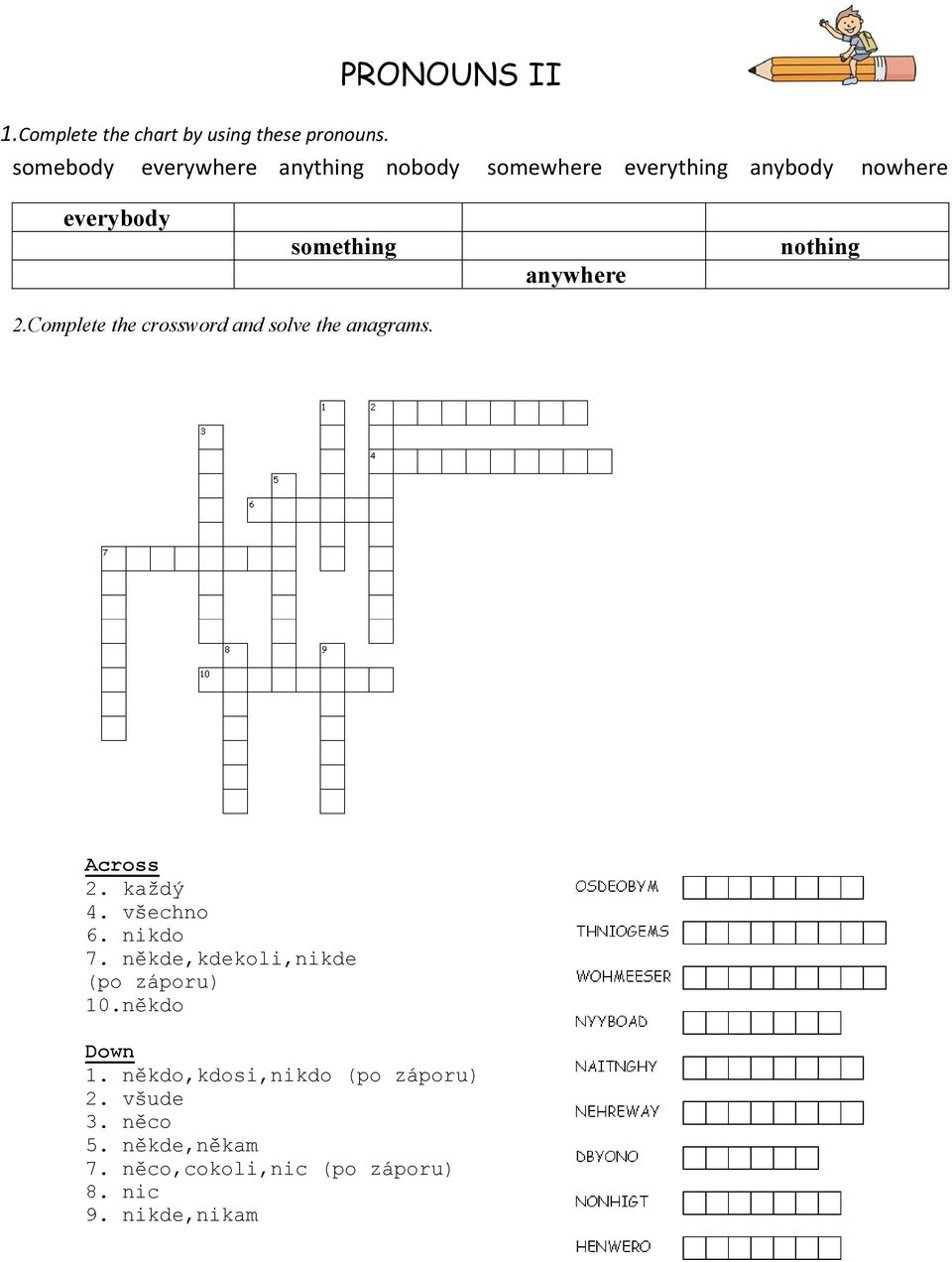 nothing 2.Complete the crossword and solve the anagrams. Across 2. každý 4. všechno 6. nikdo 7.