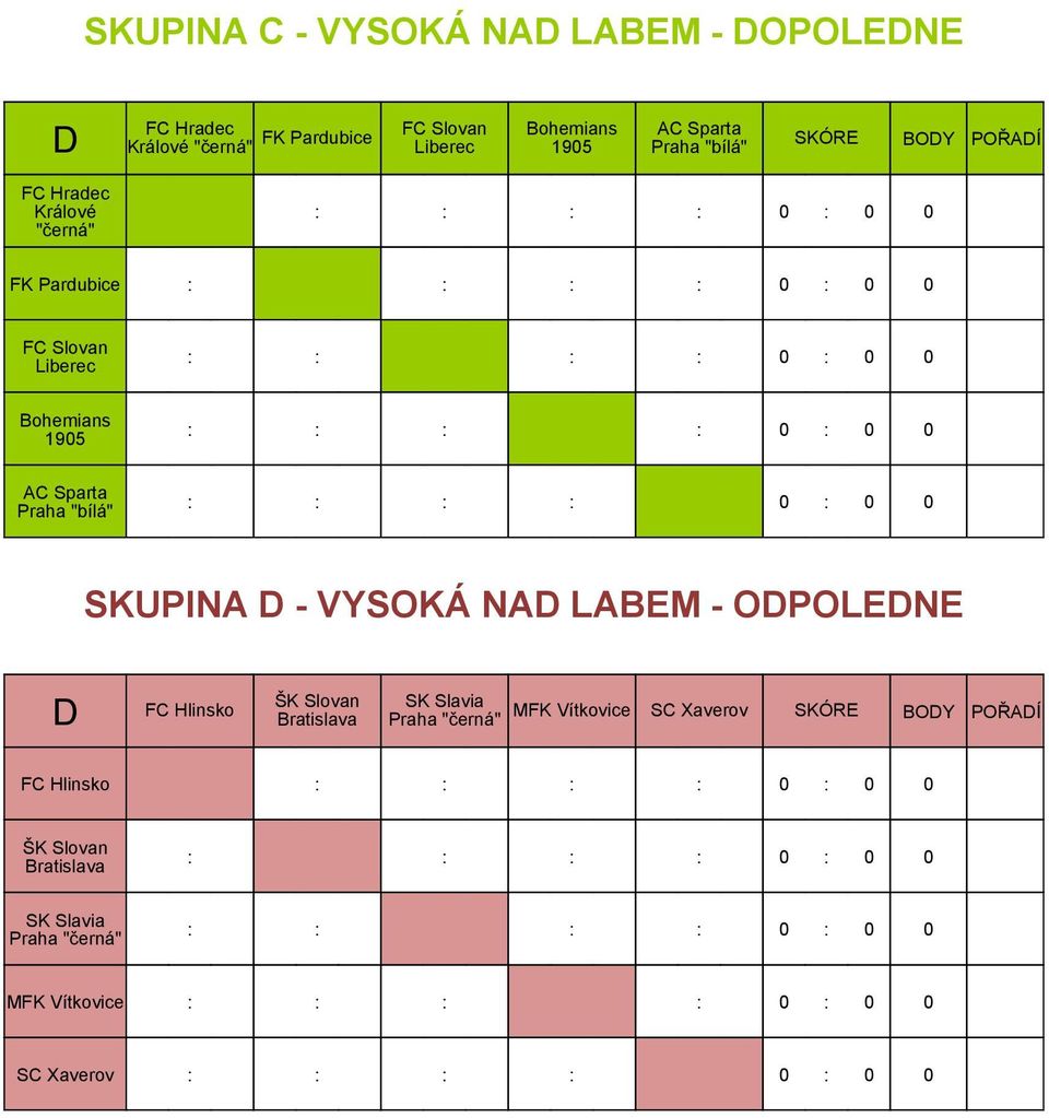 0 0 0 0 0 0 0 SKUPINA D - VYSOKÁ NAD LABEM - ODPOLEDNE D FC Hlinsko ŠK Slovan SK Slavia Bratislava Praha "černá" MFK Vítkovice SC Xaverov SKÓRE BODY POŘADÍ FC