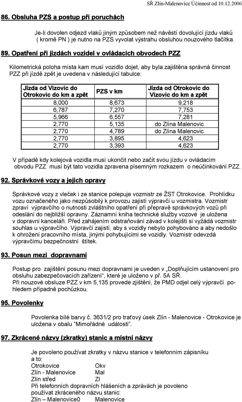 Opatření při jízdách vozidel v ovládacích obvodech PZZ Kilometrická poloha místa kam musí vozidlo dojet, aby byla zajištěna správná činnost PZZ při jízdě zpět je uvedena v následující tabulce: Jízda