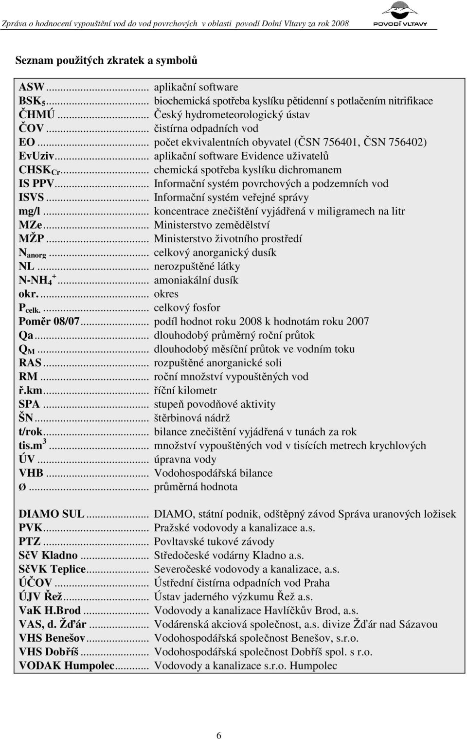 .. Informační systém povrchových a podzemních vod ISVS... Informační systém veřejné správy mg/l... koncentrace znečištění vyjádřená v miligramech na litr MZe... Ministerstvo zemědělství MŽP.