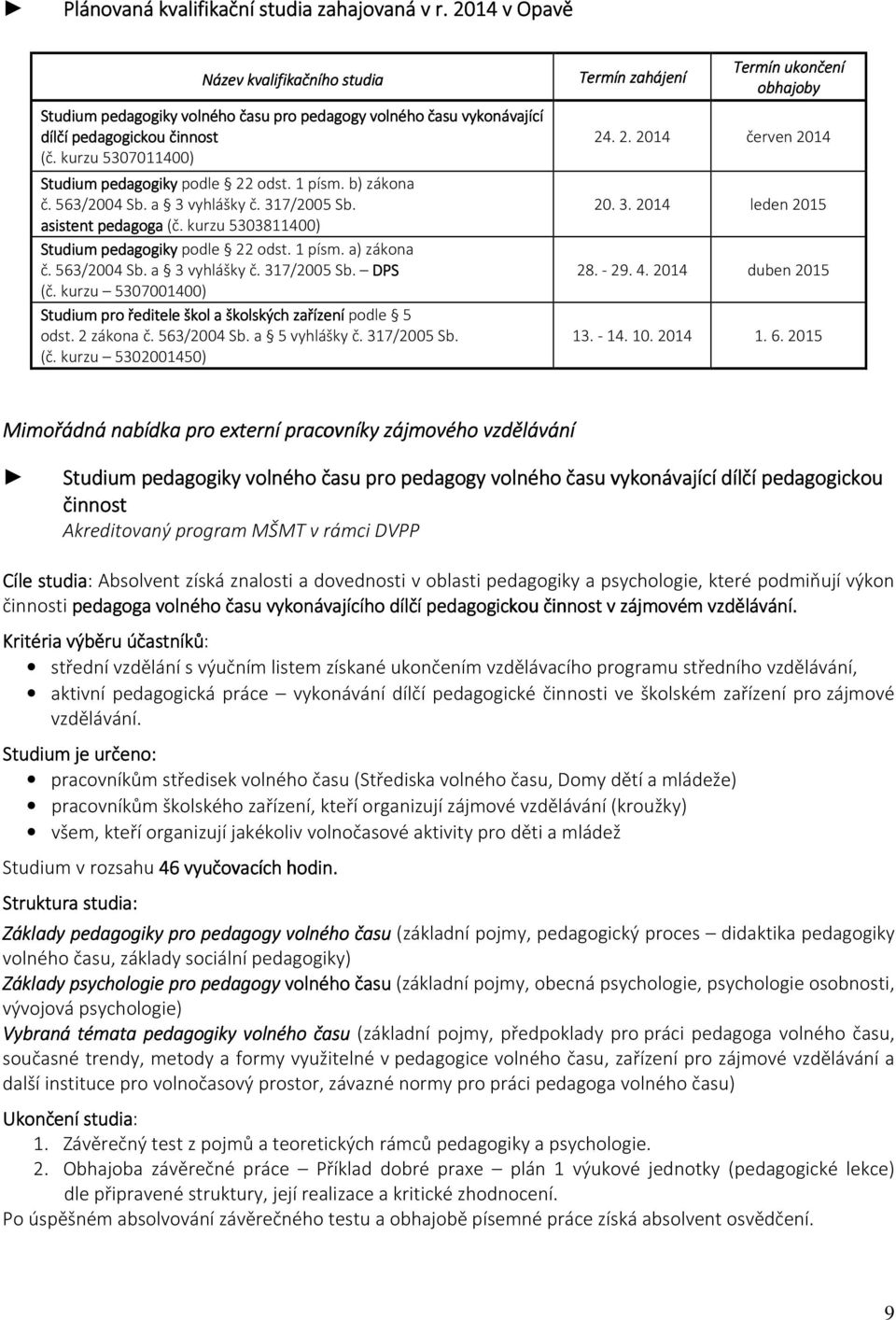 563/2004 Sb. a 3 vyhlášky č. 317/2005 Sb. DPS (č. kurzu 5307001400) Studium pro ředitele škol a školských zařízení podle 5 odst. 2 zákona č. 563/2004 Sb. a 5 vyhlášky č. 317/2005 Sb. (č. kurzu 5302001450) Termín zahájení Termín ukončení obhajoby 24.