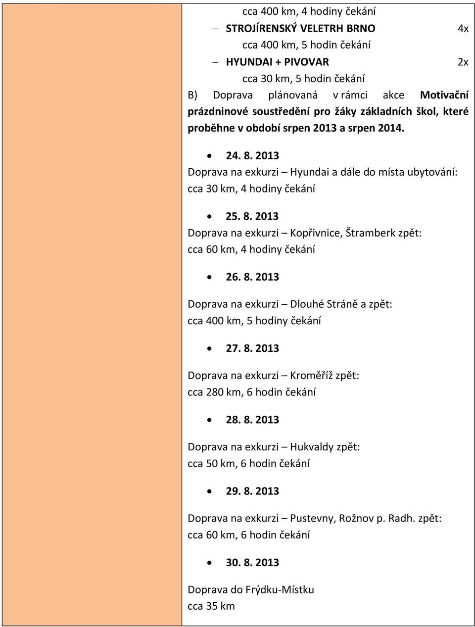 8. 2013 Doprava na exkurzi Dlouhé Stráně a zpět: cca 400 km, 5 hodiny čekání 27. 8. 2013 Doprava na exkurzi Kroměříž zpět: cca 280 km, 6 hodin čekání 28. 8. 2013 Doprava na exkurzi Hukvaldy zpět: cca 50 km, 6 hodin čekání 29.