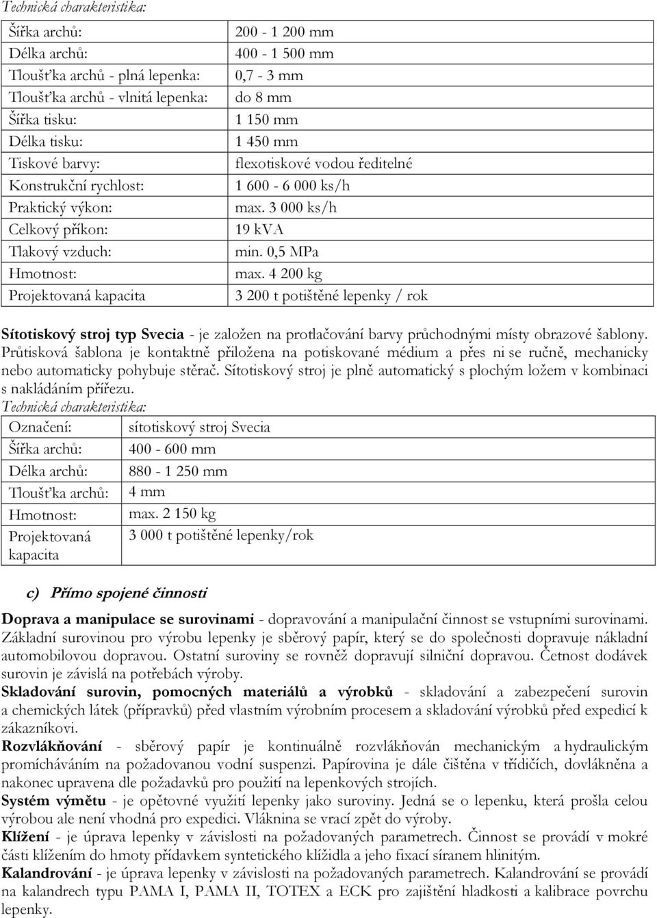 0,5 MPa max. 4 200 kg 3 200 t potištěné lepenky / rok Sítotiskový stroj typ Svecia - je založen na protlačování barvy průchodnými místy obrazové šablony.