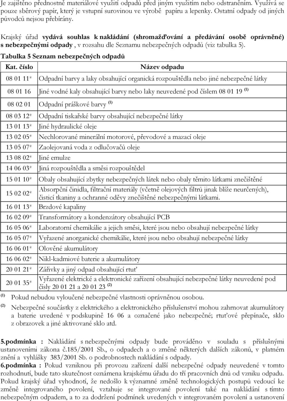 Krajský úřad vydává souhlas k nakládání (shromažďování a předávání osobě oprávněné) s nebezpečnými odpady, v rozsahu dle Seznamu nebezpečných odpadů (viz tabulka 5).