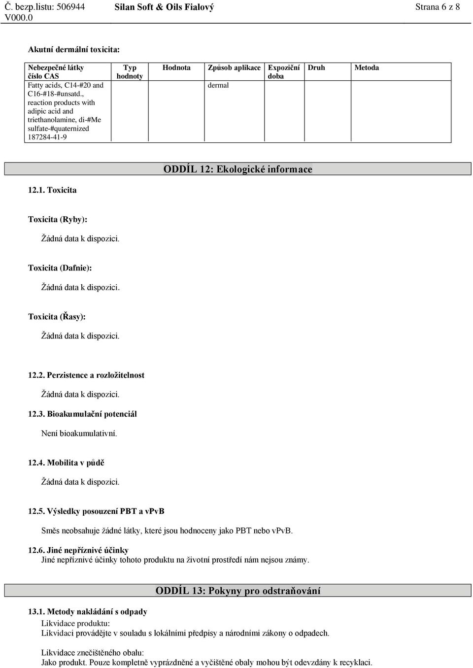 12.1. Toxicita Toxicita (Ryby): k dispozici. Toxicita (Dafnie): k dispozici. Toxicita (Řasy): k dispozici. 12.2. Perzistence a rozložitelnost k dispozici. 12.3.