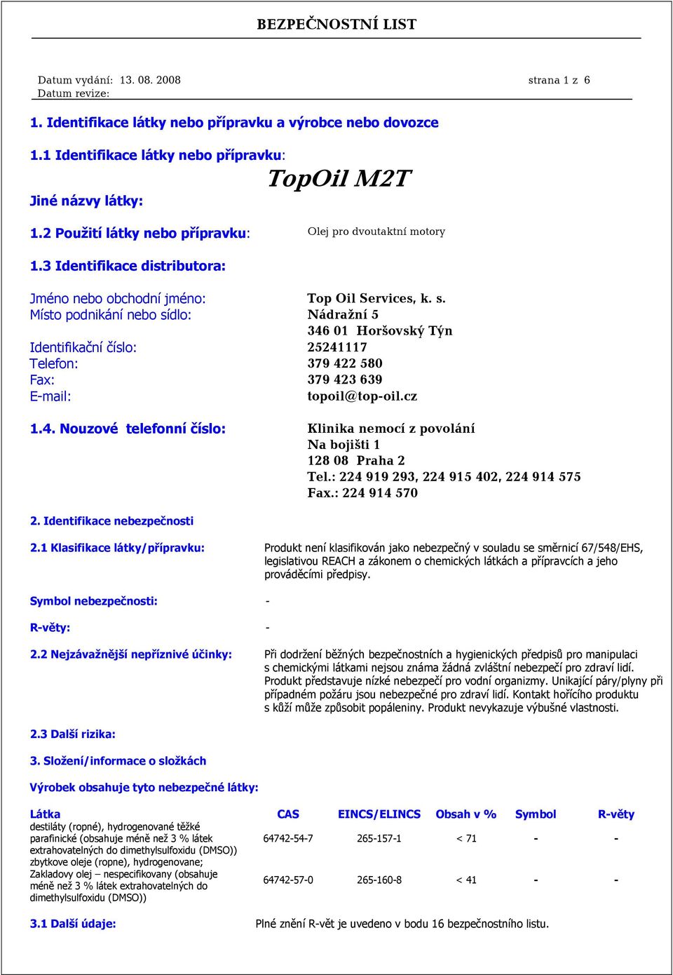 Místo podnikání nebo sídlo: Nádražní 5 346 01 Horšovský Týn Identifikační číslo: 25241117 Telefon: 379 422 580 Fax: 379 423 639 E-mail: topoil@top-oil.cz 1.4. Nouzové telefonní číslo: Klinika nemocí z povolání Na bojišti 1 128 08 Praha 2 Tel.