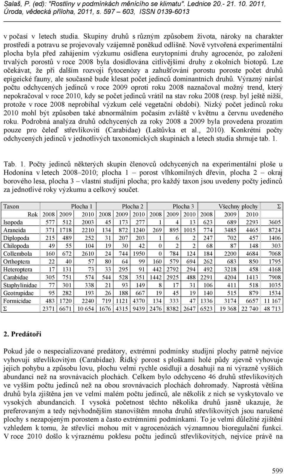 Nově vytvořená experimentální plocha byla před zahájením výzkumu osídlena eurytopními druhy agrocenóz, po založení trvalých porostů v roce 008 byla dosídlována citlivějšími druhy z okolních biotopů.