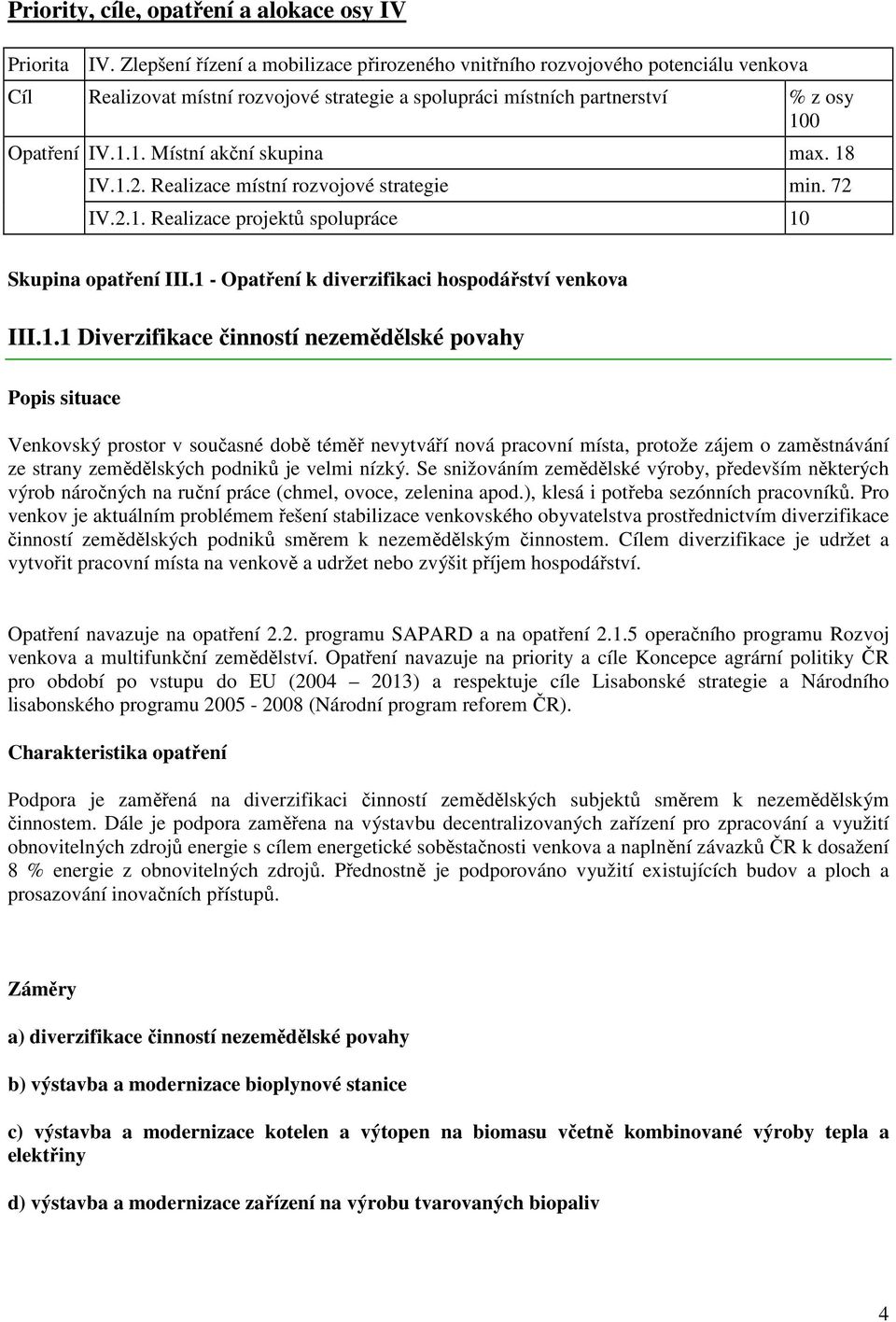 18 IV.1.2. Realizace místní rozvojové strategie min. 72 IV.2.1. Realizace projektů spolupráce 10 Skupina opatření III.1 - Opatření k diverzifikaci hospodářství venkova III.1.1 Diverzifikace činností