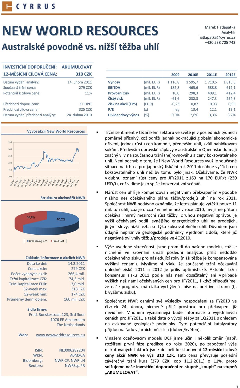 EUR) 1116,8 1595,7 1710,6 1815,3 Současná tržní cena: 279 CZK EBITDA (mil. EUR) 182,8 465,6 588,8 612,1 Potenciál k cílové ceně: 11% Provozní zisk (mil. EUR) 10,0 298,3 409,1 412,4 Čistý zisk (mil.