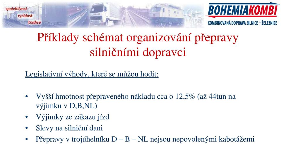 12,5% (až 44tun na výjimku v D,B,NL) Výjimky ze zákazu jízd Slevy na