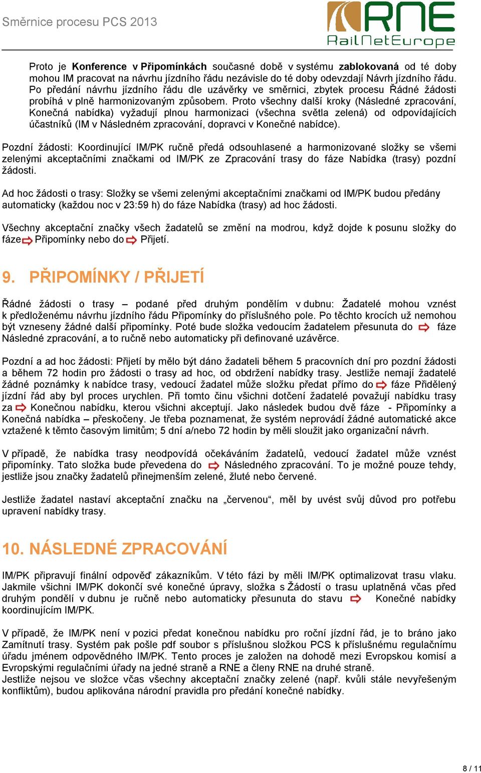 Proto všechny další kroky (Následné zpracování, Konečná nabídka) vyžadují plnou harmonizaci (všechna světla zelená) od odpovídajících účastníků (IM v Následném zpracování, dopravci v Konečné nabídce).