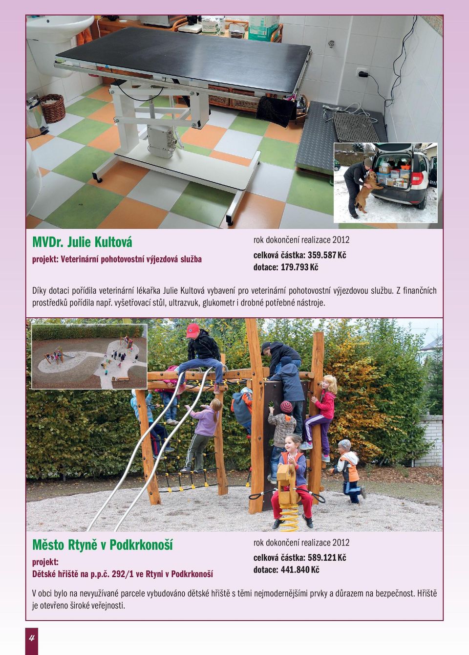 vyšetřovací stůl, ultrazvuk, glukometr i drobné potřebné nástroje. Město Rtyně v Podkrkonoší rok dokončení realizace 2012 projekt: Dětské hřiště na p.p.č. 292/1 ve Rtyni v Podkrkonoší celková částka: 589.
