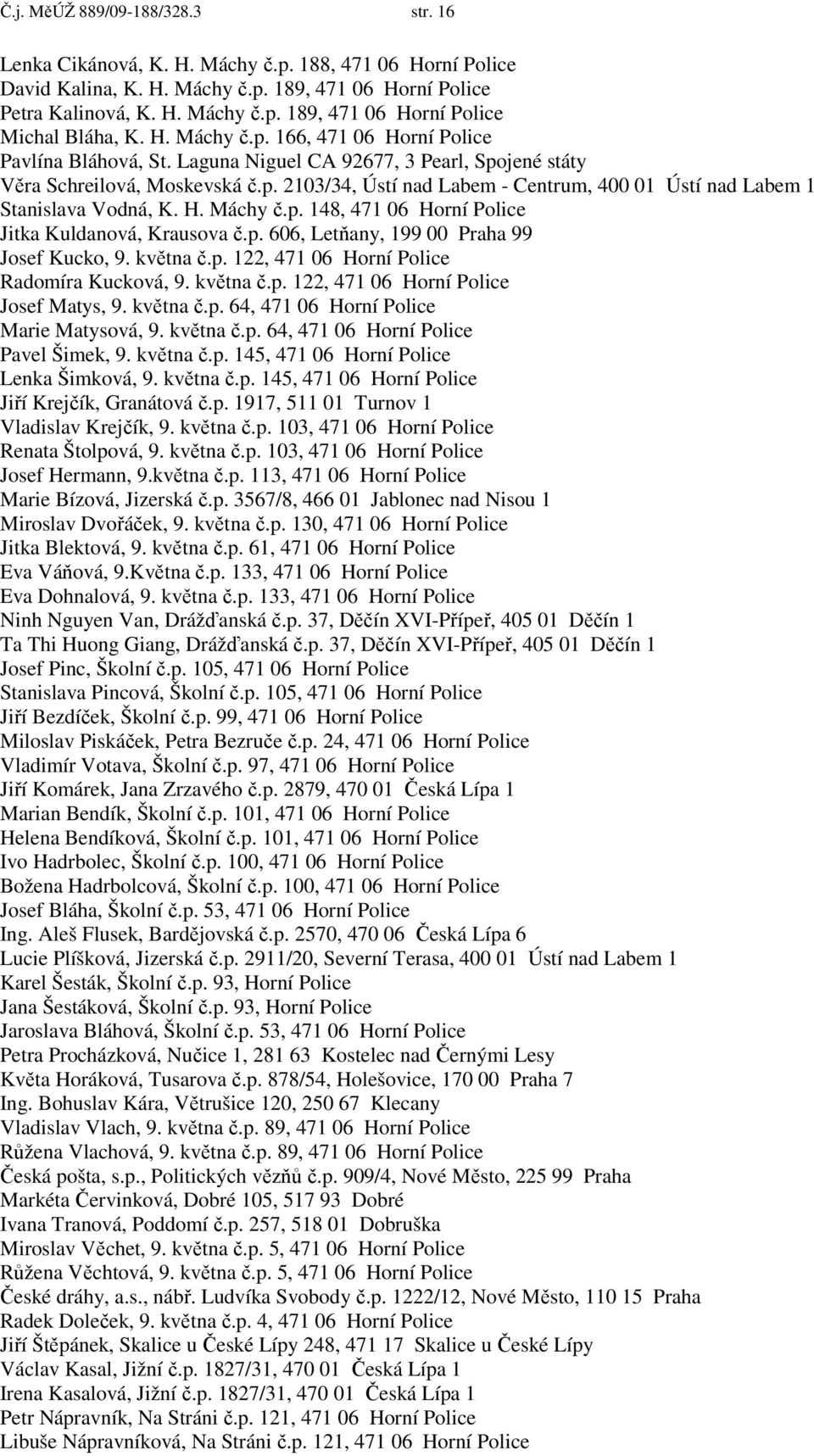 H. Máchy č.p. 148, 471 06 Horní Police Jitka Kuldanová, Krausova č.p. 606, Letňany, 199 00 Praha 99 Josef Kucko, 9. května č.p. 122, 471 06 Horní Police Radomíra Kucková, 9. května č.p. 122, 471 06 Horní Police Josef Matys, 9.