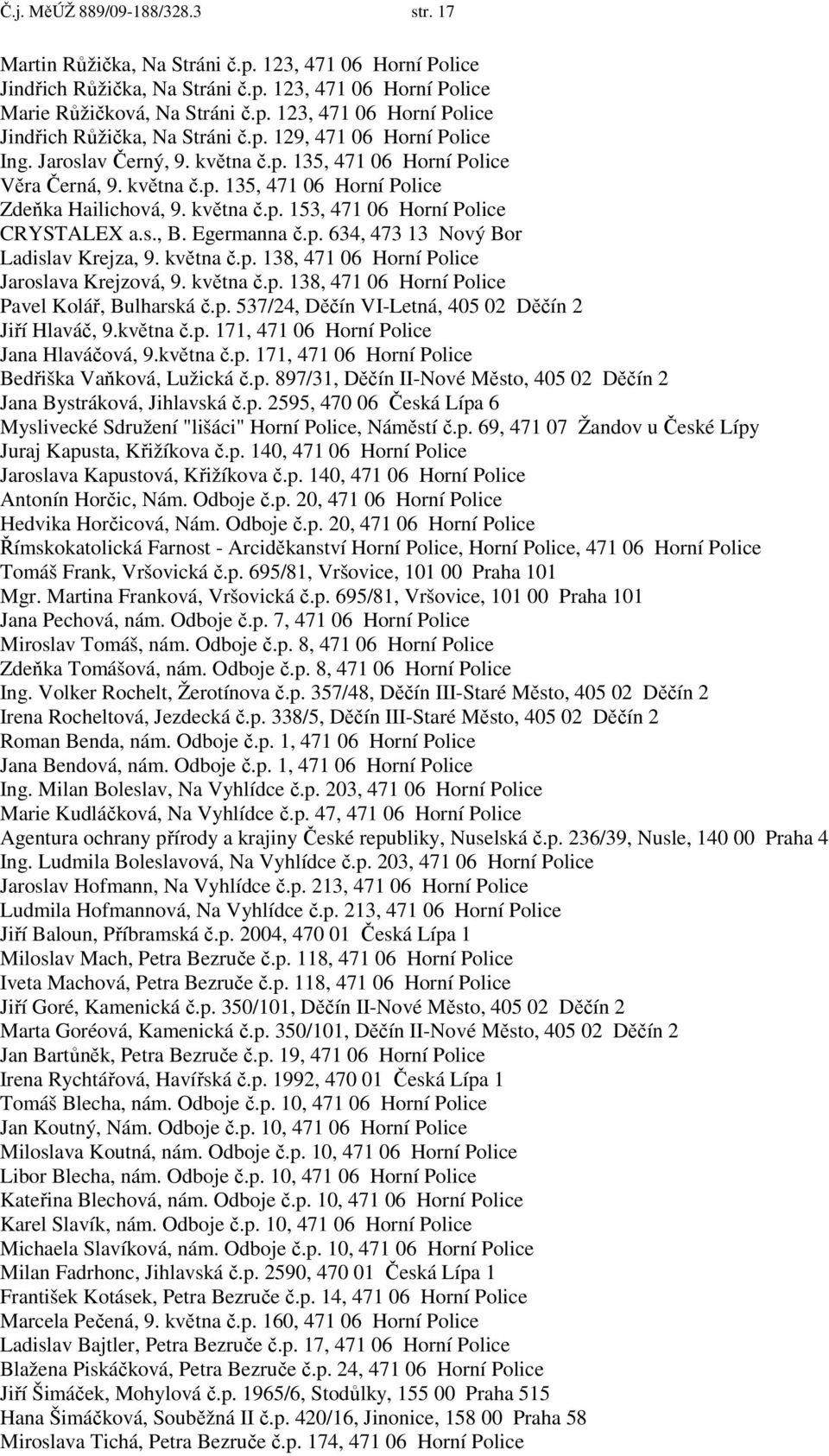 května č.p. 138, 471 06 Horní Police Jaroslava Krejzová, 9. května č.p. 138, 471 06 Horní Police Pavel Kolář, Bulharská č.p. 537/24, Děčín VI-Letná, 405 02 Děčín 2 Jiří Hlaváč, 9.května č.p. 171, 471 06 Horní Police Jana Hlaváčová, 9.
