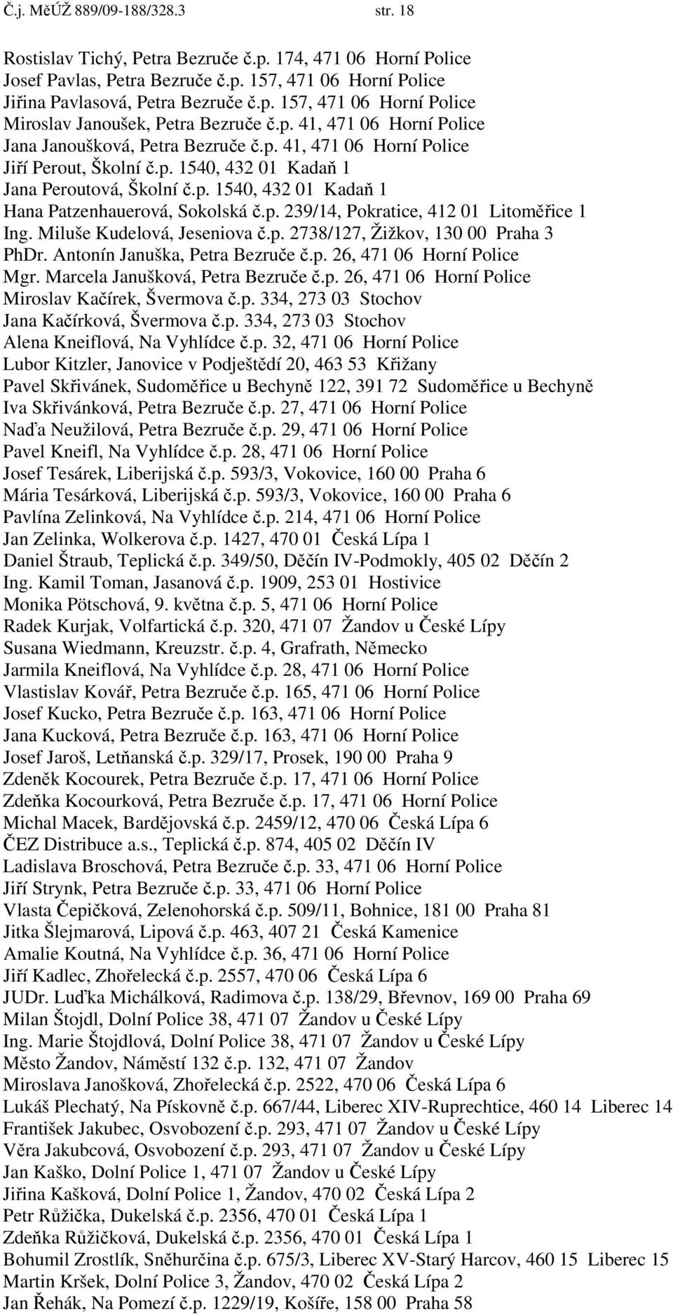 p. 239/14, Pokratice, 412 01 Litoměřice 1 Ing. Miluše Kudelová, Jeseniova č.p. 2738/127, Žižkov, 130 00 Praha 3 PhDr. Antonín Januška, Petra Bezruče č.p. 26, 471 06 Horní Police Mgr.