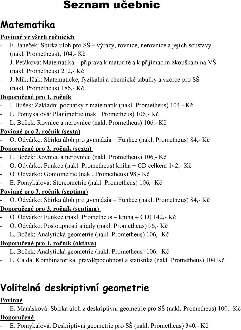 Prometheus) 186,- Kč Doporučené pro 1. ročník - I. Bušek: Základní poznatky z matematik (nakl. Prometheus) 104,- Kč - E. Pomykalová: Planimetrie (nakl. Prometheus) 106,- Kč - L.