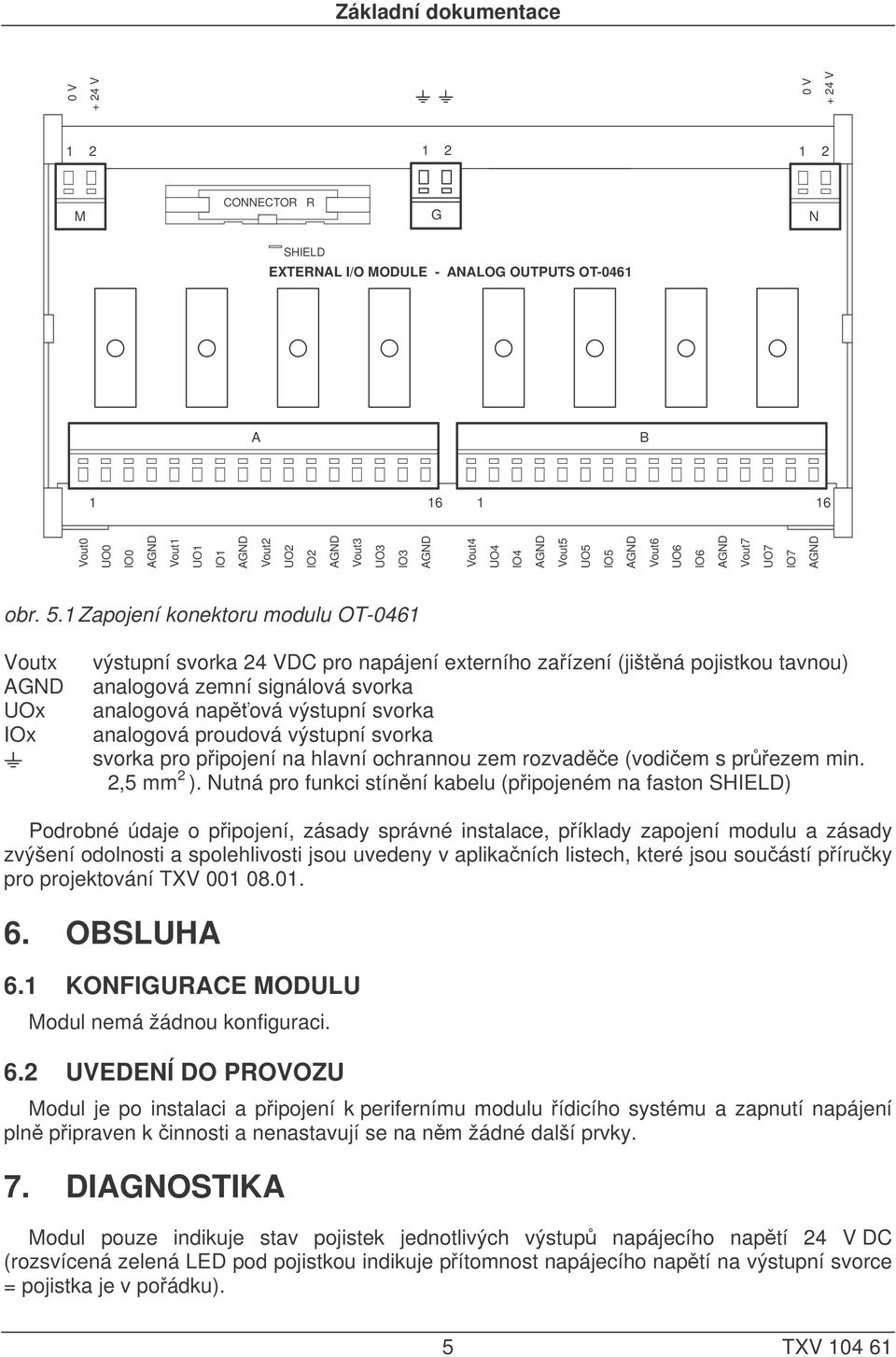 1 Zapojení konektoru modulu OT-0461 Voutx UOx IOx výstupní svorka 24 VDC pro napájení externího zařízení (jištěná pojistkou tavnou) analogová zemní signálová svorka analogová napěťová výstupní svorka