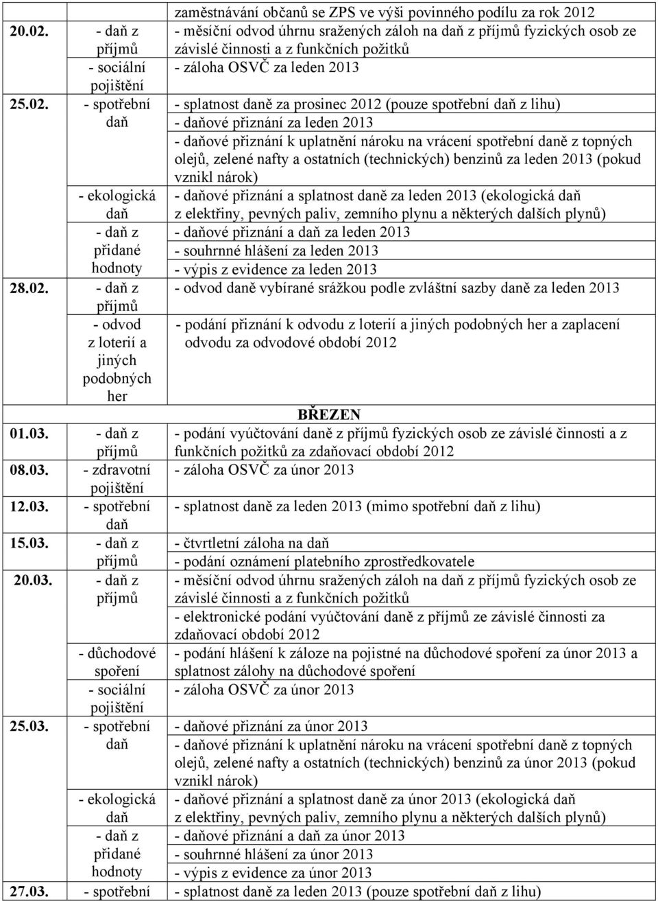 - spotřební - splatnost daně za prosinec 2012 (pouze spotřební z lihu) - ové přiznání za leden 2013 - ové přiznání k uplatnění nároku na vrácení spotřební daně z topných olejů, zelené nafty a