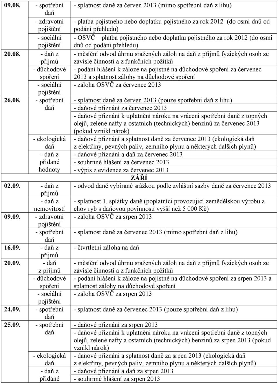 doplatku pojistného za rok 2012 (do osmi dnů od podání přehledu) 20.08.