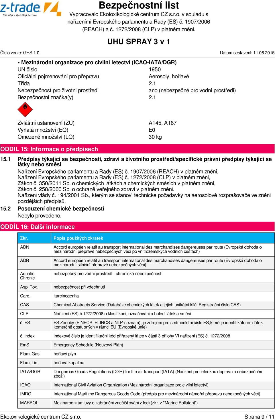 1 Zvláštní ustanovení (ZU) Vyňatá množství (EQ) Omezené množství (LQ) A145, A167 E0 30 kg ODDÍL 15: Informace o předpisech 15.
