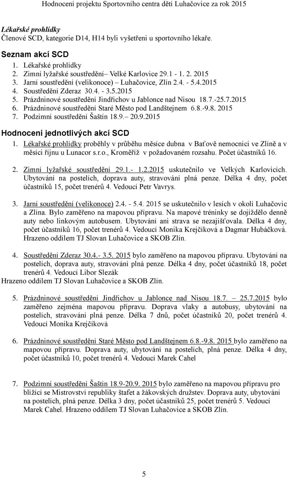 Prázdninové soustředění Staré Město pod Landštejnem 6.8.-9.8. 2015 7. Podzimní soustředění Šaštín 18.9. 20.9.2015 Hodnocení jednotlivých akcí SCD 1.