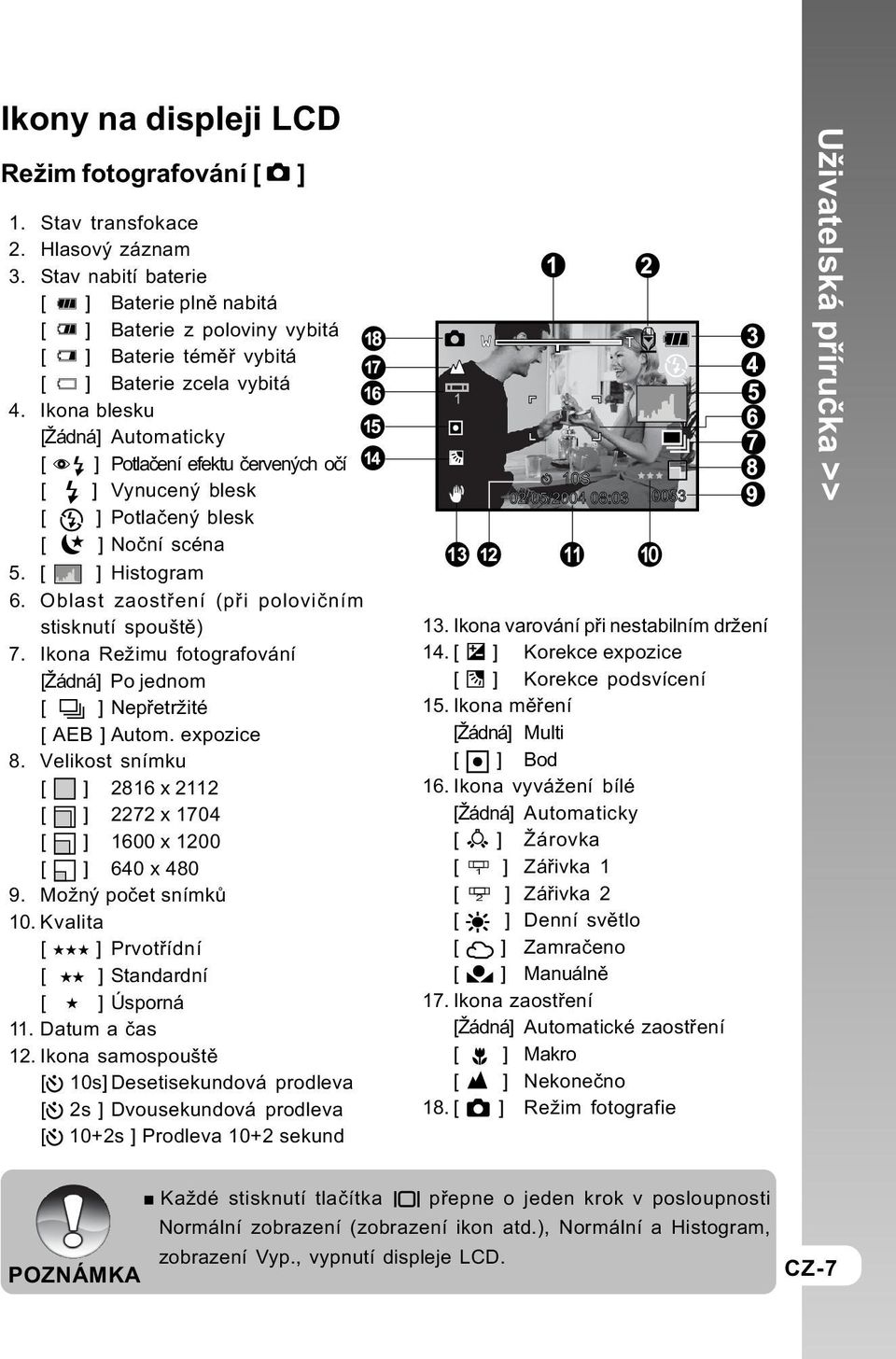 Ikona blesku [Žádná] Automaticky [ ] Potlaèení efektu èervených oèí [ ] Vynucený blesk [ ] Potlaèený blesk [ ] Noèní scéna 5. [ ] Histogram 6. Oblast zaostøení (pøi polovièním stisknutí spouštì) 7.