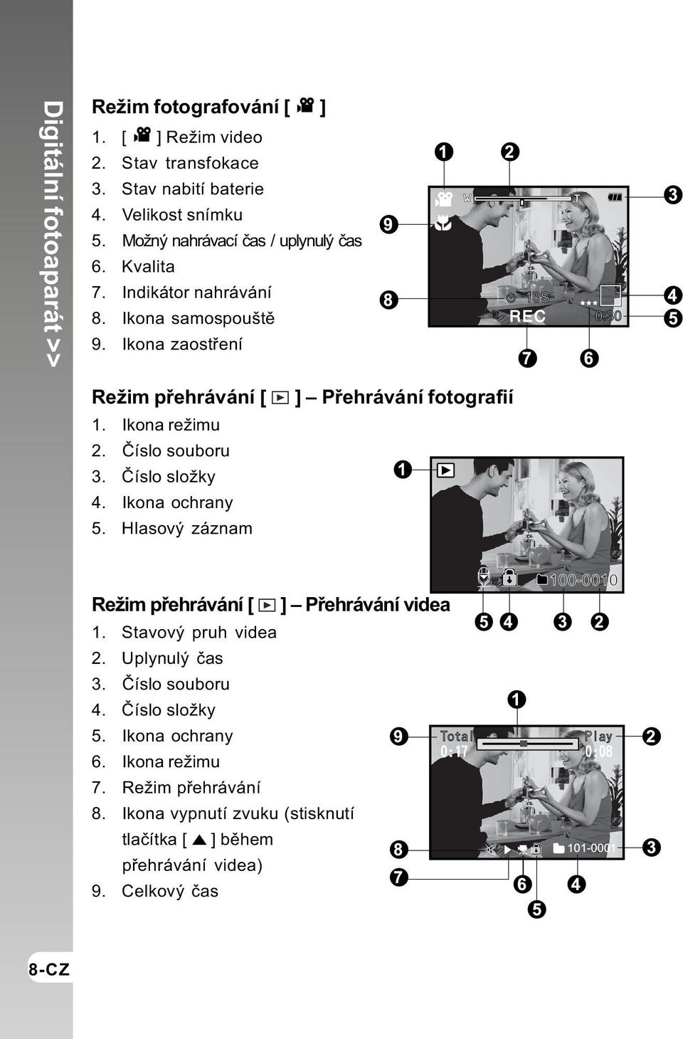 Èíslo souboru 3. Èíslo složky 4. Ikona ochrany 5. Hlasový záznam ] Pøehrávání fotografií Režim pøehrávání [ ] Pøehrávání videa 1. Stavový pruh videa 2.