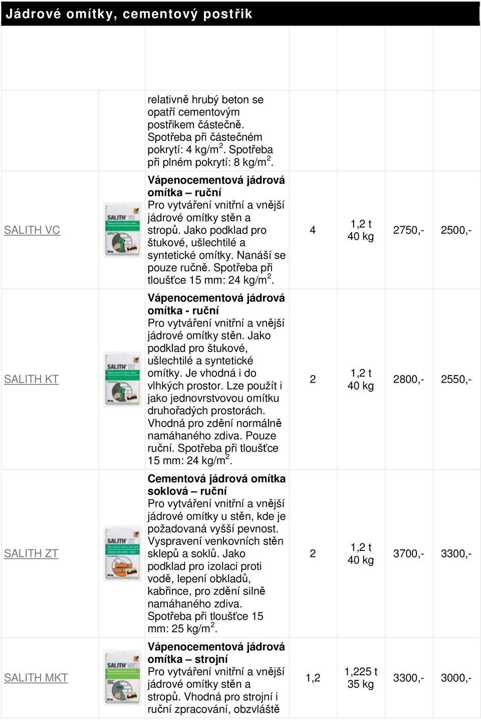 Spotřeba při tloušťce 15 mm: 4 kg/m. 4 1, t 40 kg 750,- 500,- KT Vápenocementová jádrová omítka - ruční Pro vytváření vnitřní a vnější jádrové omítky stěn.