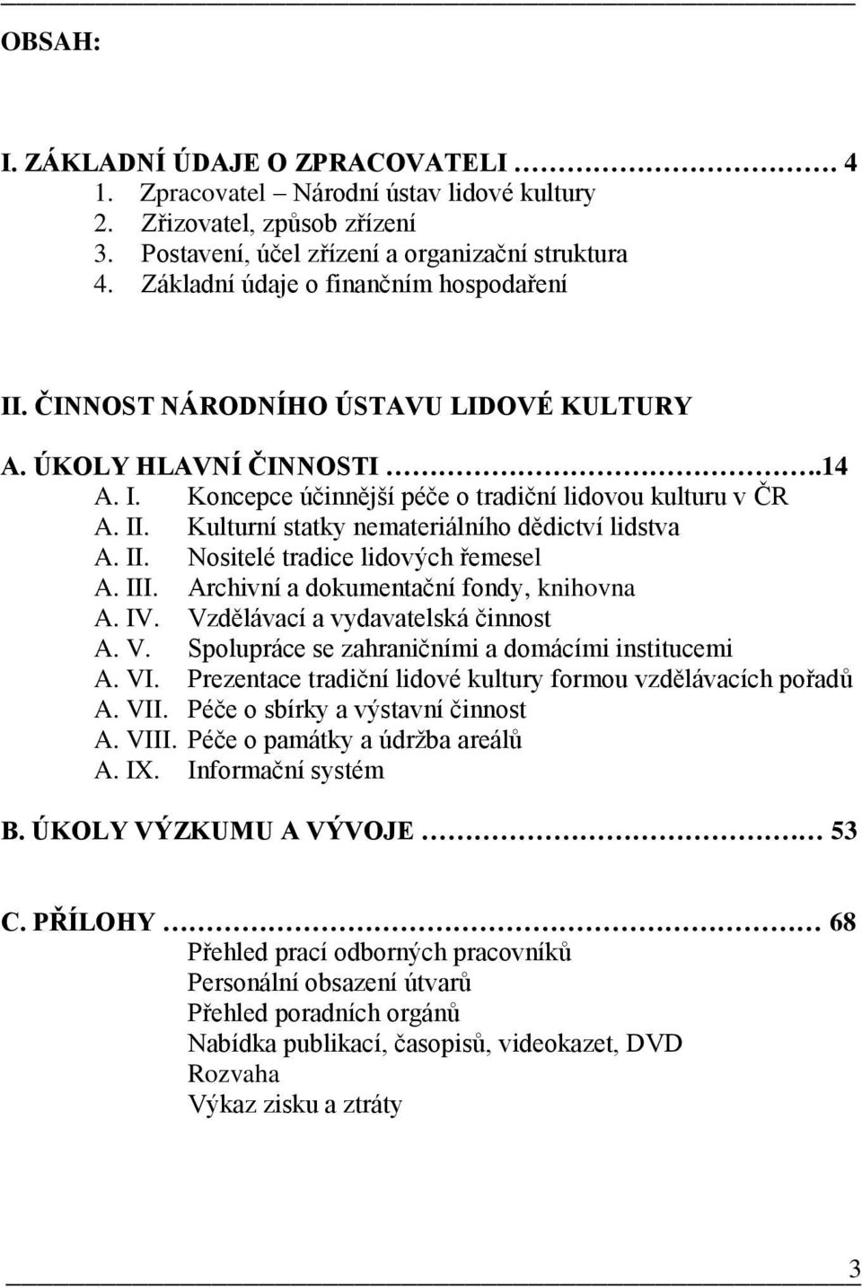 II. Nositelé tradice lidových řemesel A. III. Archivní a dokumentační fondy, knihovna A. IV. Vzdělávací a vydavatelská činnost A. V. Spolupráce se zahraničními a domácími institucemi A. VI.