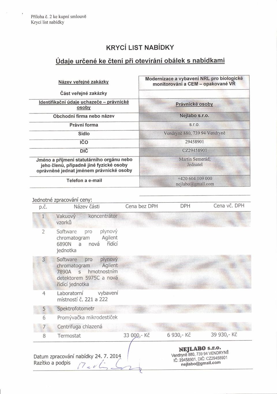 osobv Obchodni firma nebo nizev Prevni forma Sidlo o Jm6no a piijmeni statuterniho organu nebo jeho dlent, piipadnd jin6 fyzick6 osoby opravndne jednat jm6nem pravnick6 osoby Telefon a e-mail