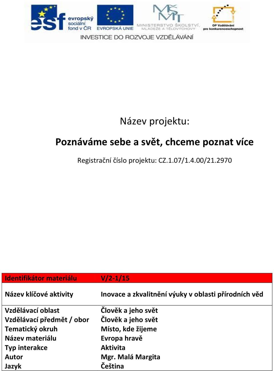 okruh Název materiálu Typ interakce Autor Jazyk V/2-1/15 Inovace a zkvalitnění výuky v oblasti přírodních