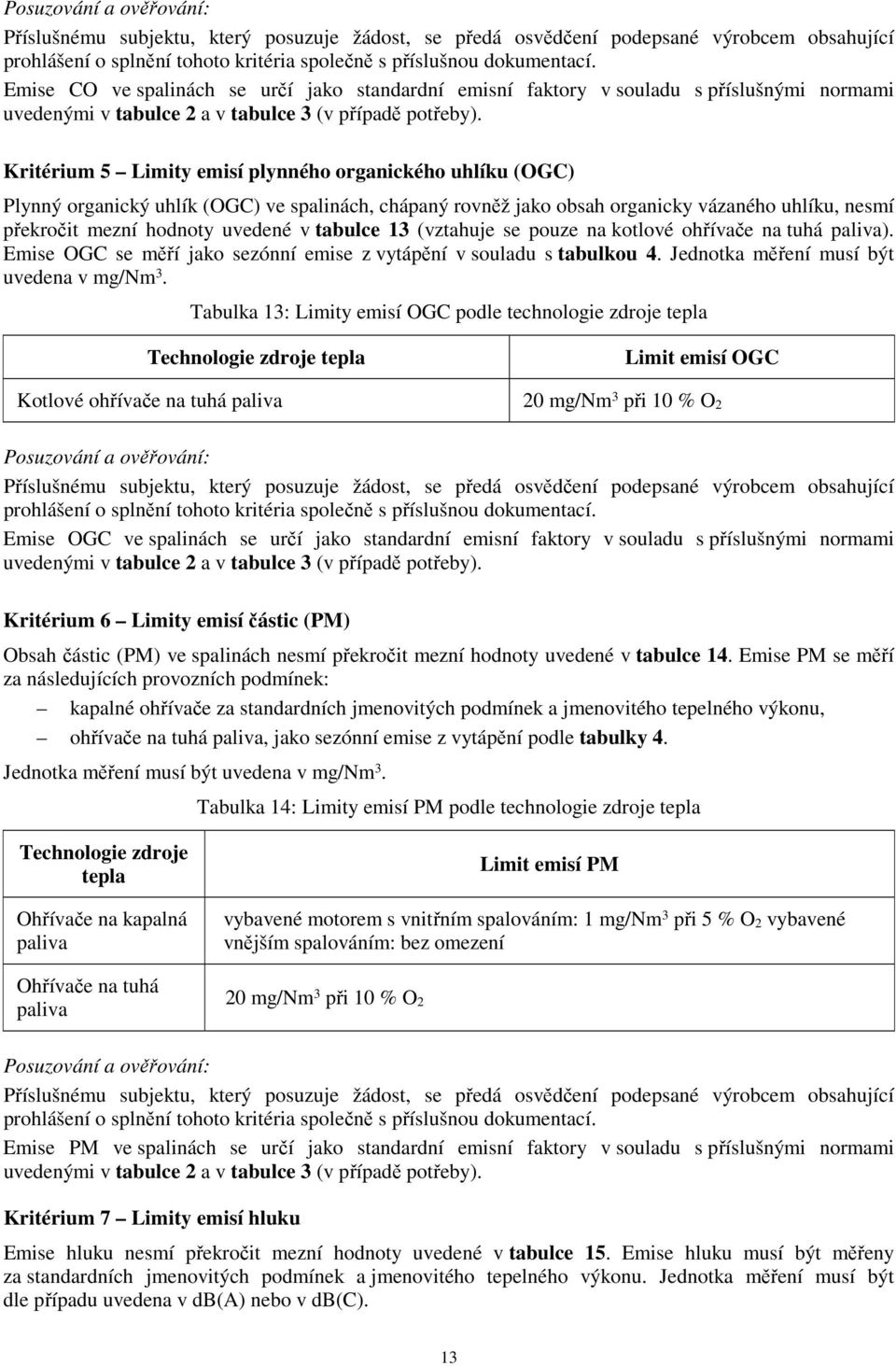 Kritérium 5 Limity emisí plynného organického uhlíku (OGC) Plynný organický uhlík (OGC) ve spalinách, chápaný rovněž jako obsah organicky vázaného uhlíku, nesmí překročit mezní hodnoty uvedené v