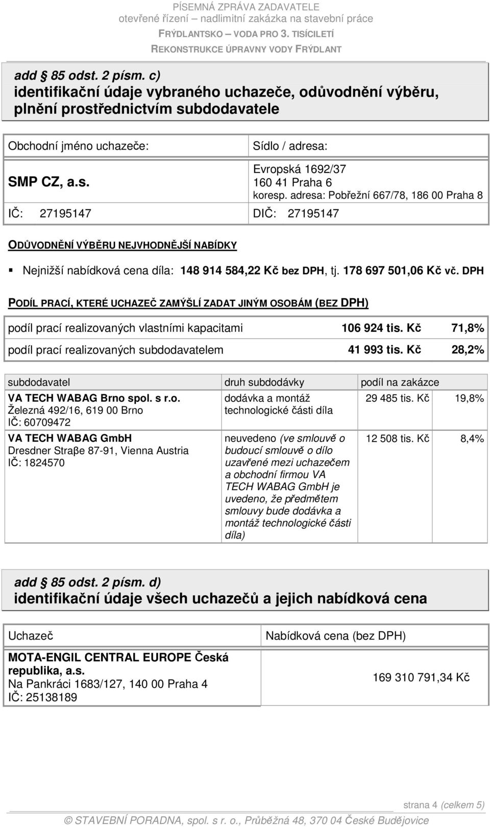 DPH PODÍL PRACÍ, KTERÉ UCHAZEČ ZAMÝŠLÍ ZADAT JINÝM OSOBÁM (BEZ DPH) podíl prací realizovaných vlastními kapacitami 106 924 tis. Kč 71,8% podíl prací realizovaných subdodavatelem 41 993 tis.