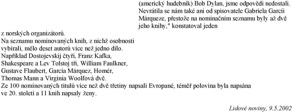 organizátorů. Na seznamu nominovaných knih, z nichž osobnosti vybírali, mělo deset autorů více než jedno dílo.