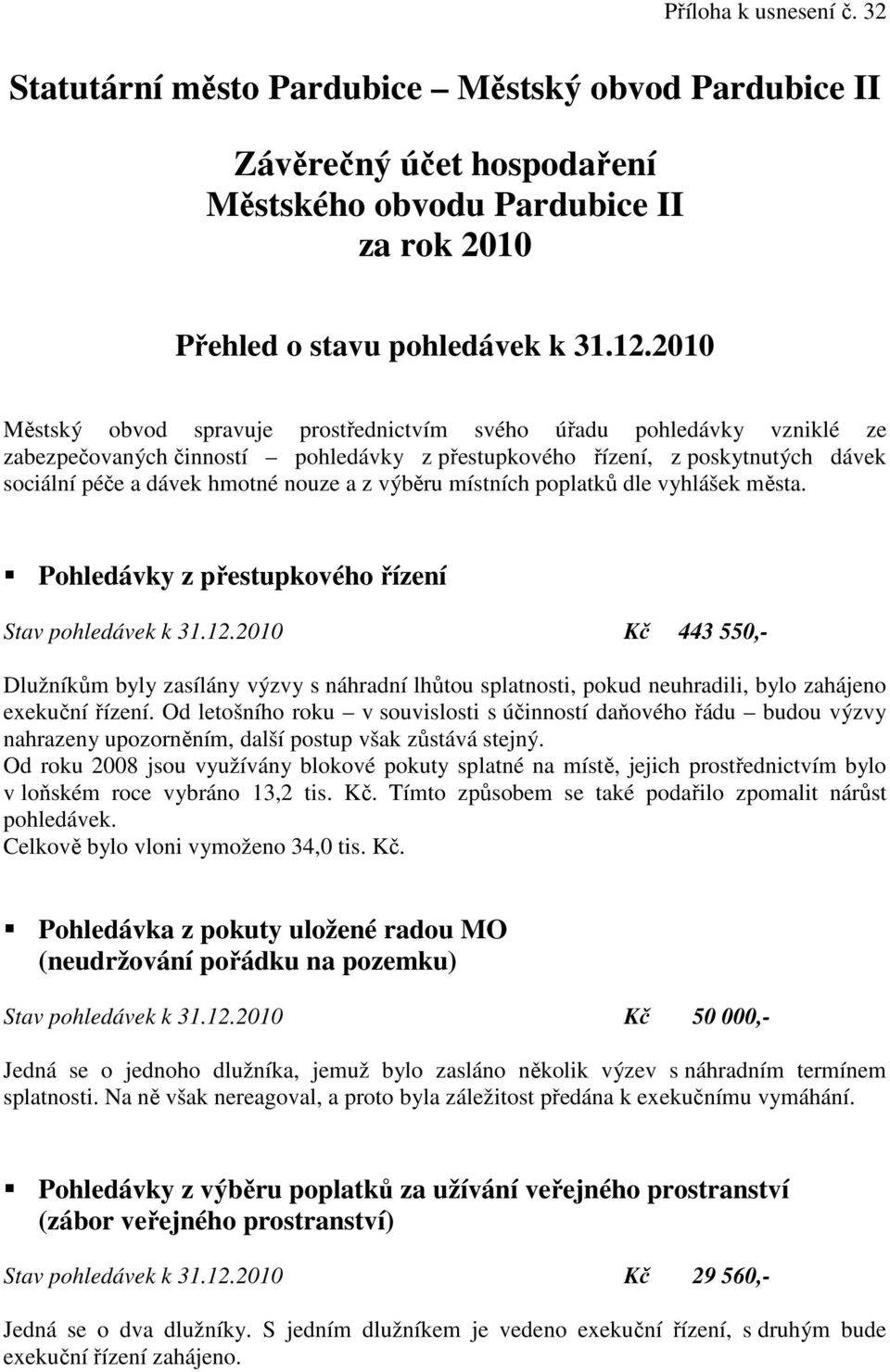 výběru místních poplatků dle vyhlášek města. Pohledávky z přestupkového řízení Stav pohledávek k 31.12.