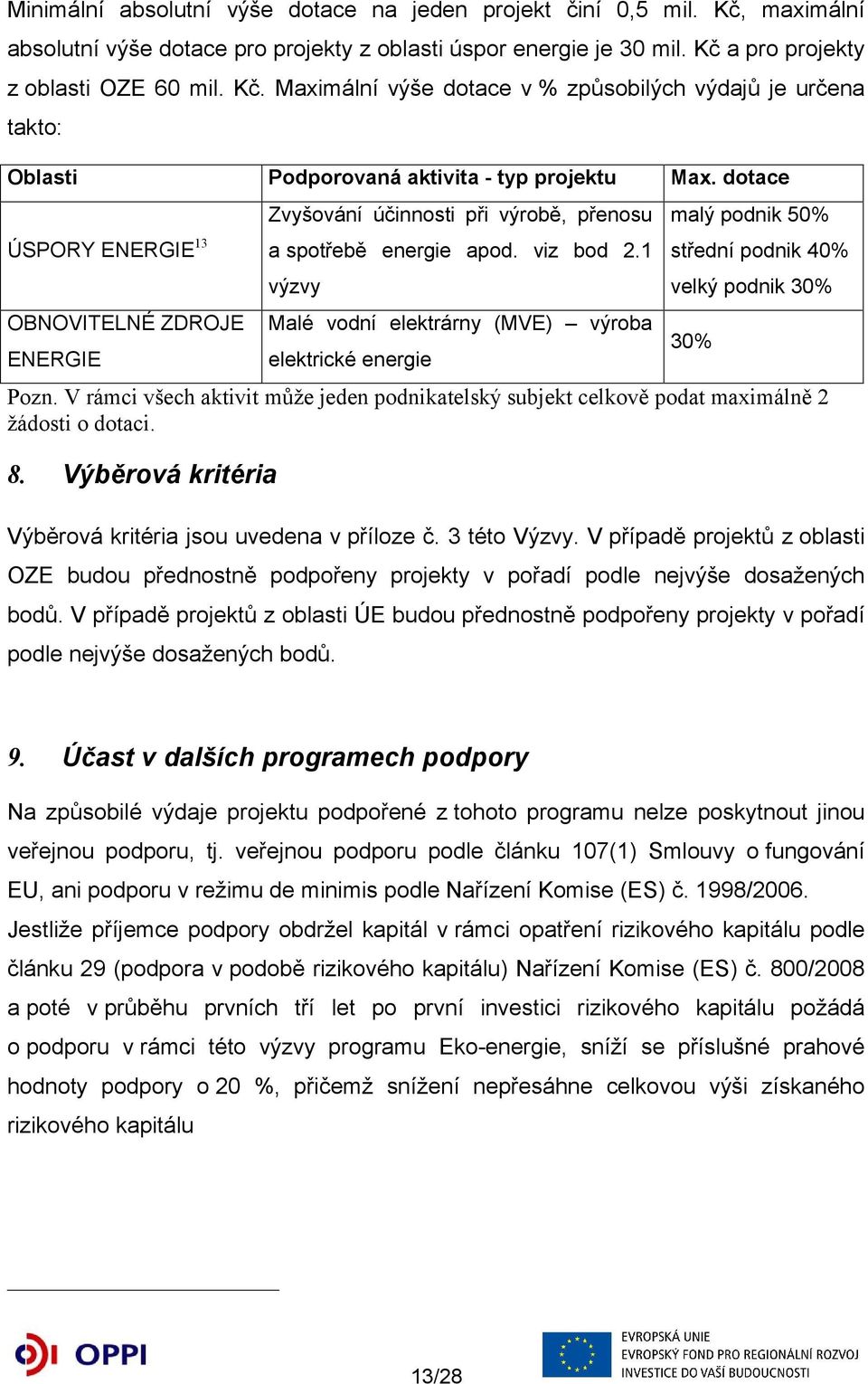 1 výzvy Malé vodní elektrárny (MVE) výroba elektrické energie malý podnik 50% střední podnik 40% velký podnik 30% 30% Pozn.