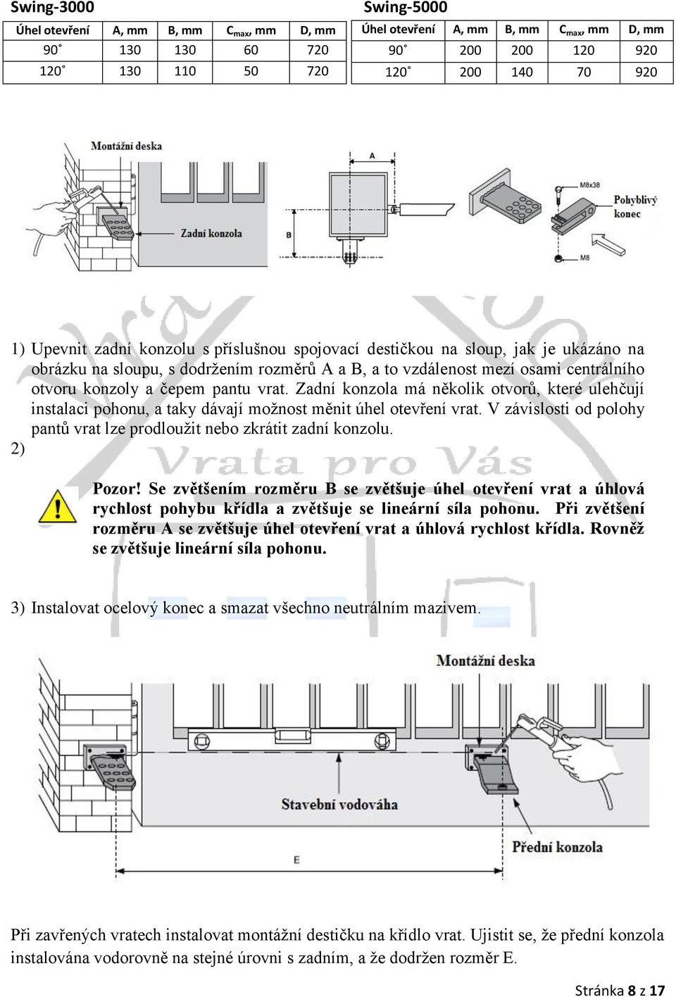 Zadní konzola má několik otvorů, které ulehčují instalaci pohonu, a taky dávají možnost měnit úhel otevření vrat. V závislosti od polohy pantů vrat lze prodloužit nebo zkrátit zadní konzolu. 2) Pozor!