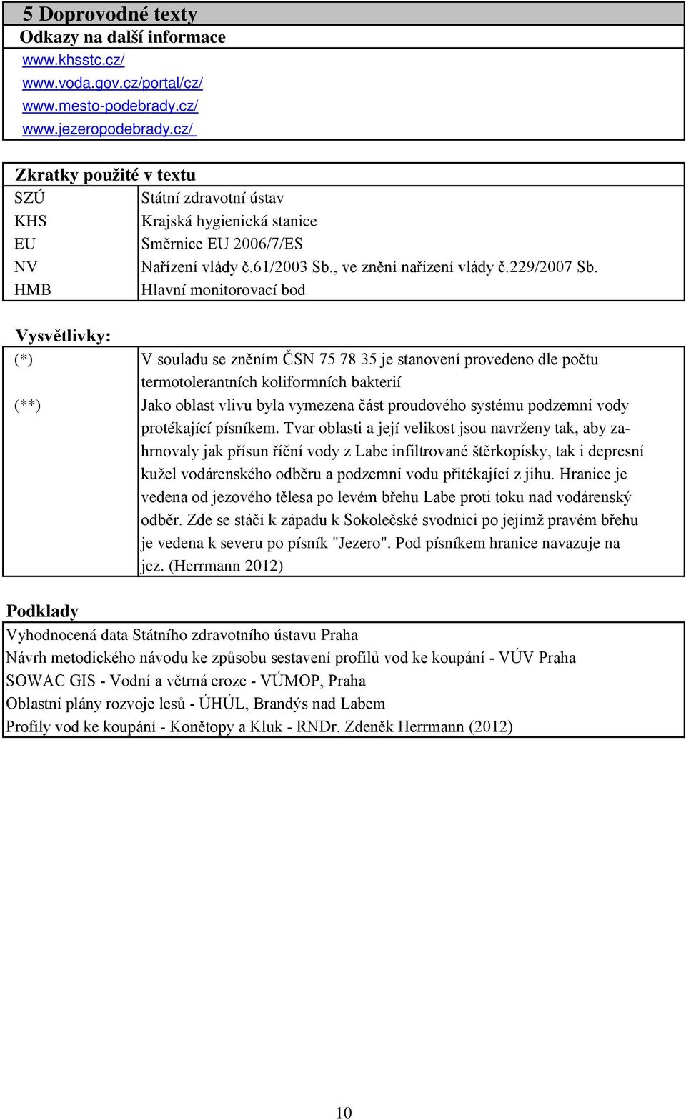 HMB Hlavní monitorovací bod Vysvětlivky: (*) V souladu se zněním ČSN 75 78 35 je stanovení provedeno dle počtu termotolerantních koliformních bakterií (**) Jako oblast vlivu byla vymezena část