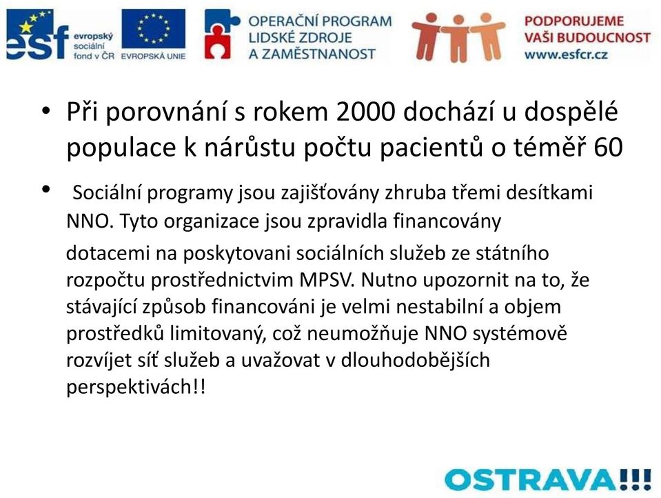 Tyto organizace jsou zpravidla financovány dotacemi na poskytovani sociálních služeb ze státního rozpočtu