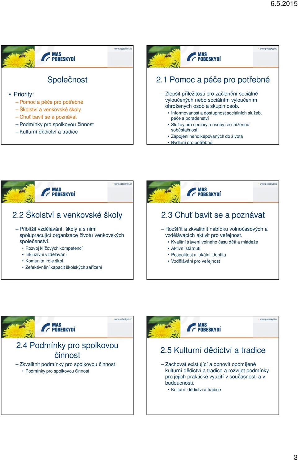 Informovanost a dostupnost sociálních služeb, péče a poradenství Služby pro seniory a osoby se sníženou soběstačností Zapojení hendikepovaných do života Bydlení pro potřebné 2.