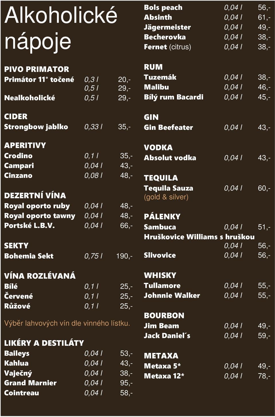 LIKÉRY A DESTILÁTY Baileys Kahlua Vaječný Grand Marnier Cointreau 38,46, 43,- Absolut vodka 43,- 60,- TEQUILA PÁLENKY Sambuca 51,Hruškovice Williams s hruškou 56,Slivovice 56,- WHISKY VÍNA ROZLÉVANÁ